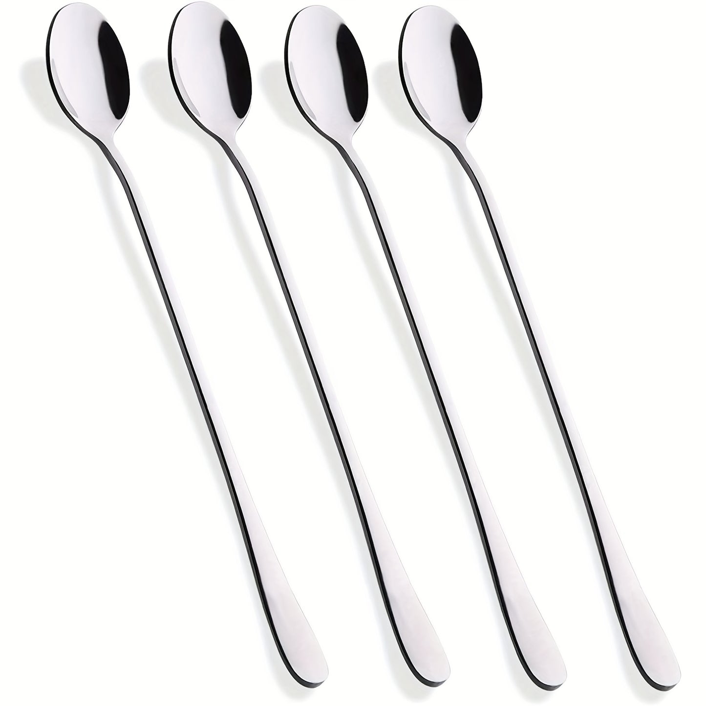 Stainless steel spoons for various uses: long handle iced tea, coffee, ice cream, and cocktail stirring.