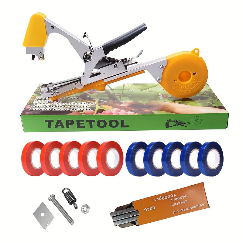 Yellow agricultural tool set includes a plant tying machine for vine, grape, cucumber, eggplant and vegetables. It is widely used, easy to use, time-saving and labor-saving, making it a