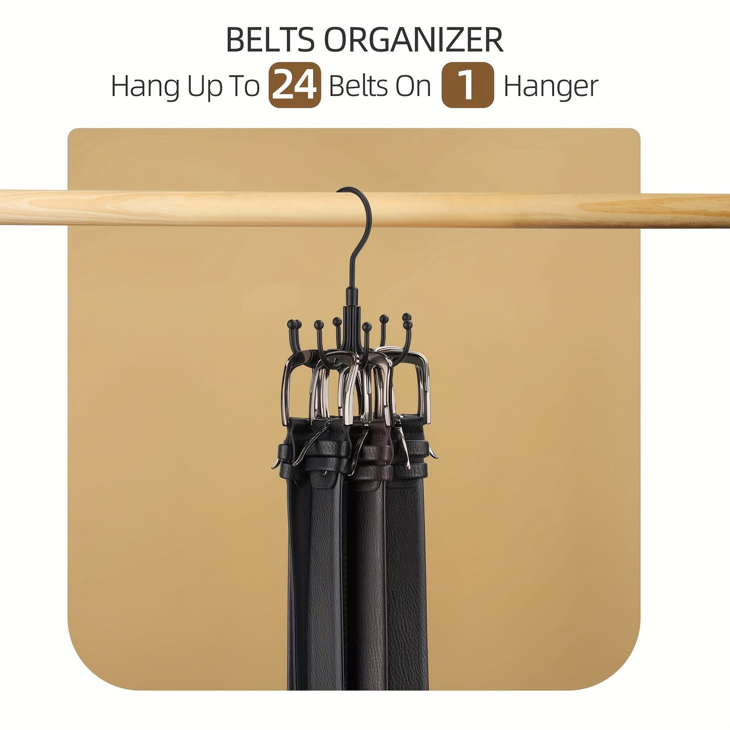 Large capacity belt storage hanger with rotating hooks for ties, bras, socks, underwear, and vest. Made of stainless steel, suitable for bedroom, bathroom, closet, or wardrobe organization.