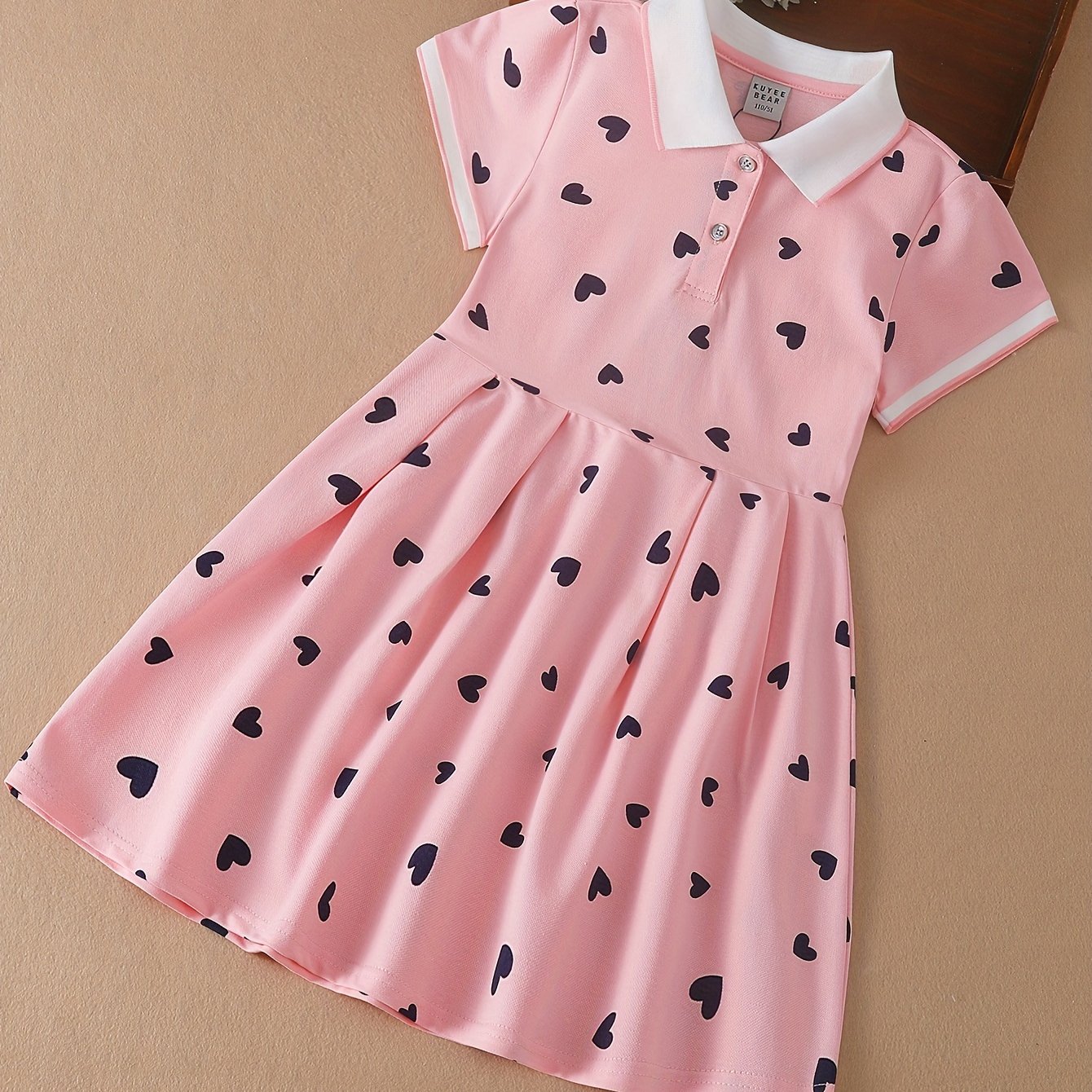 Girls' summer cotton blend dress with heart pattern, short sleeves & knee-length - perfect for performances & school events.