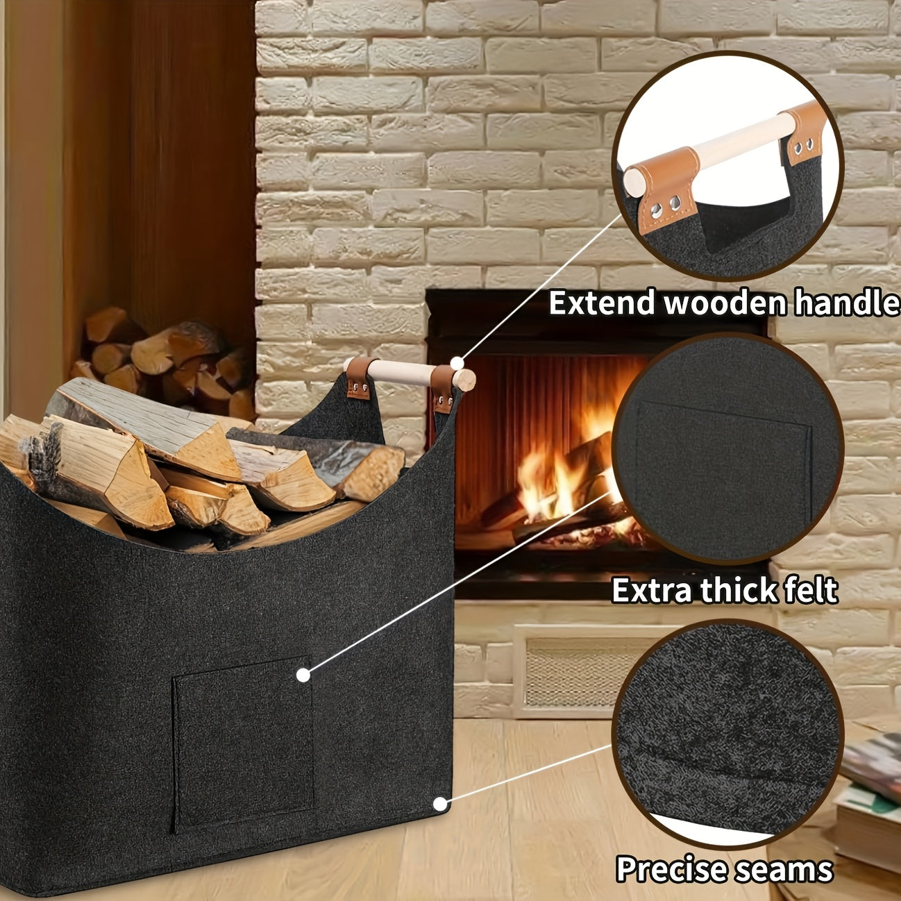 Wood Basket - XXL Wooden Log Basket, 55.0L Thickened Felt Fireplace Basket with Extended & Thicker Handles, Foldable Fire Basket for Firewood & Vegetables, Dark Gray - 1 Piece