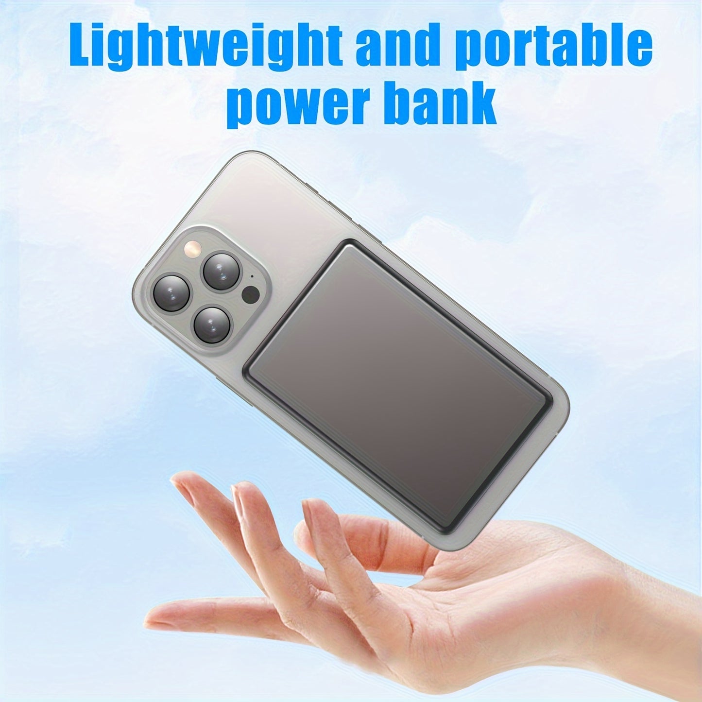 Aluminum wireless power bank with fast charging for iPhone and Android, ideal for travel emergencies.