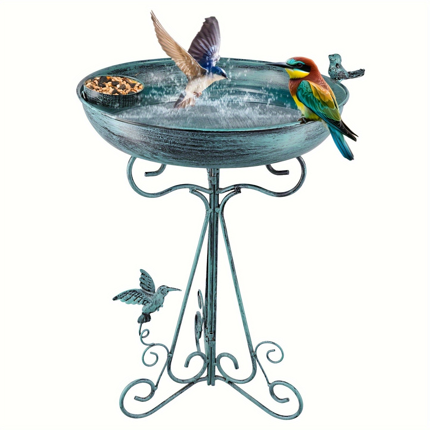 Vintage bird bath stand with 12-inch metal bowl and detachable folding iron base for outdoor use as a bird feeder station.