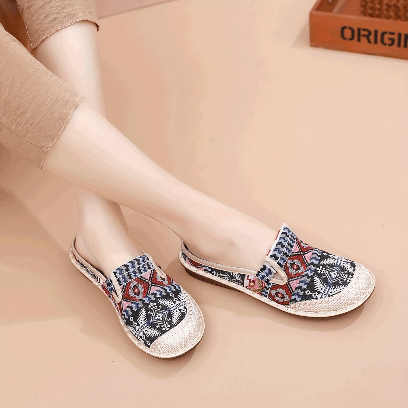 Womens Summer 2024 Fashion Tribal Style Slip-On Shoes with Breathable Fabric Upper and Faux Sole