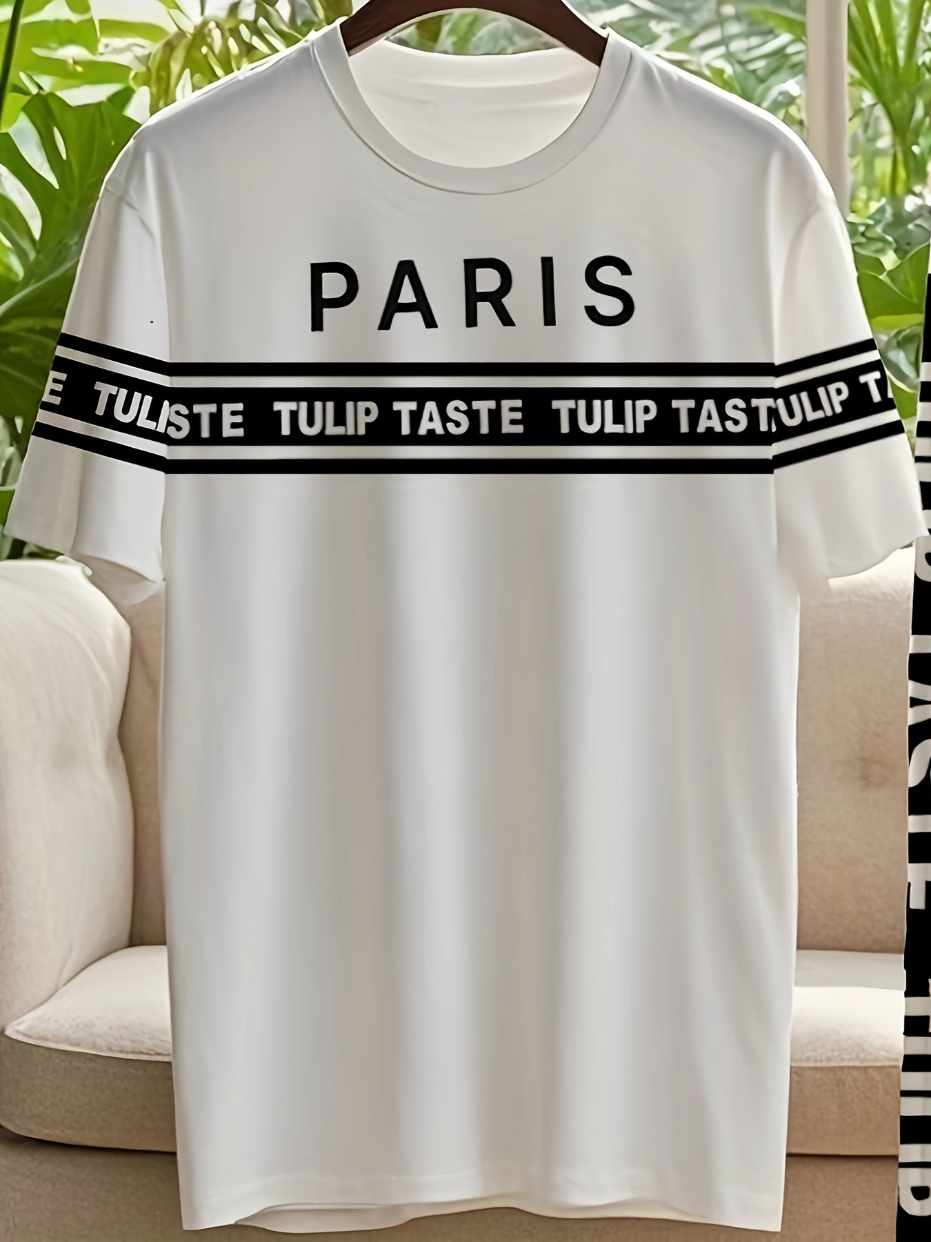 Plus size urban style black and white striped men's t-shirt and pants set featuring mixed print Paris letter street culture design, perfect for trendy summer streetwear.