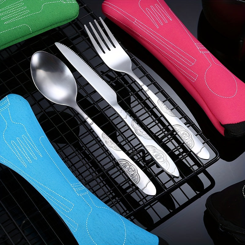 3-piece stainless steel camping cutlery set with portable bag