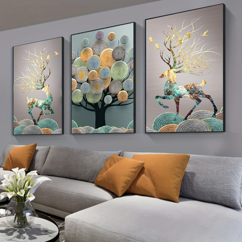 Frameless Chinese Feng Shui tree canvas painting for living room decor, 3 pieces, 15.7*23.6in.