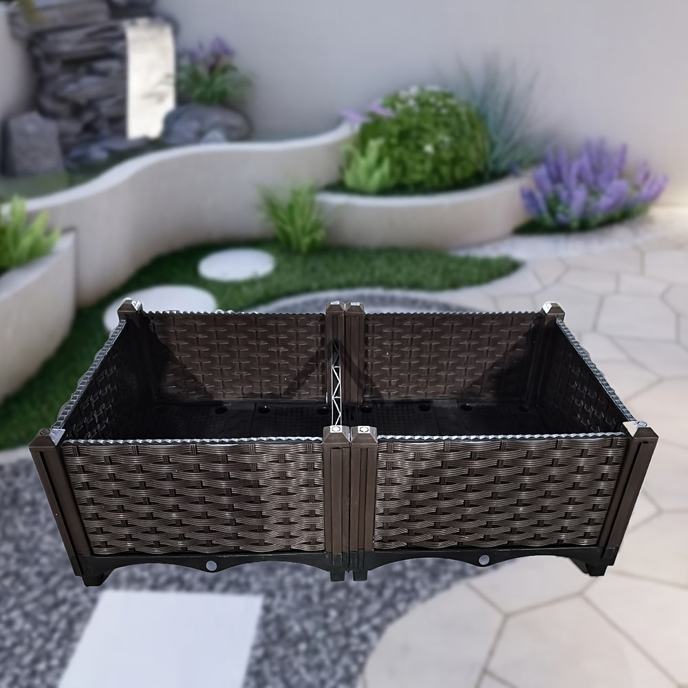 Flexible planter kit for growing vegetables indoors or outdoors made of tough plastic with drainage holes and a plant stand for balconies and gardens.