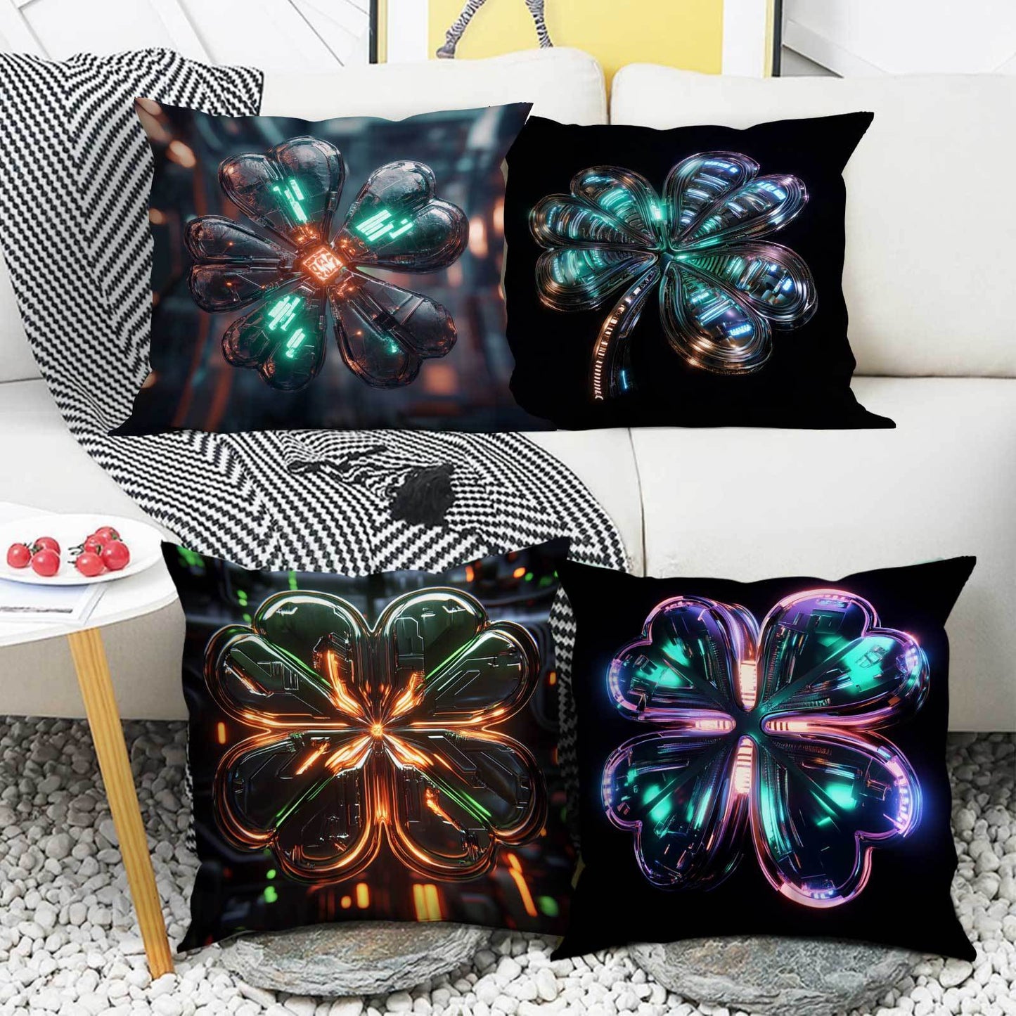 Collection of 4 Modern Fantasy Clover Pillowcases, Easy to Clean Polyester Material, Zipper Closure, Suitable for Year-Round Comfort, Perfect for Home, Office, Car, Sofa, Balcony, and Garden, Ideal for Those who Sleep in Various Positions