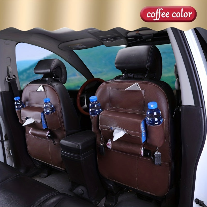 Car back seat organizer with storage pockets, kick mats, seat protectors, tissue box, cup holder, laptop table, and eating tray for parking use only.