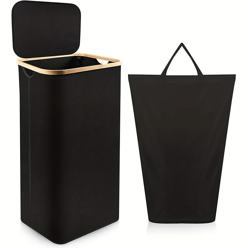 One large laundry basket with lid, able to hold up to 100L of laundry. This tall organizer basket is perfect for dirty clothes and can be easily folded when not in use. It includes handles for easy carrying, a waterproof removable bag, and is collapsible