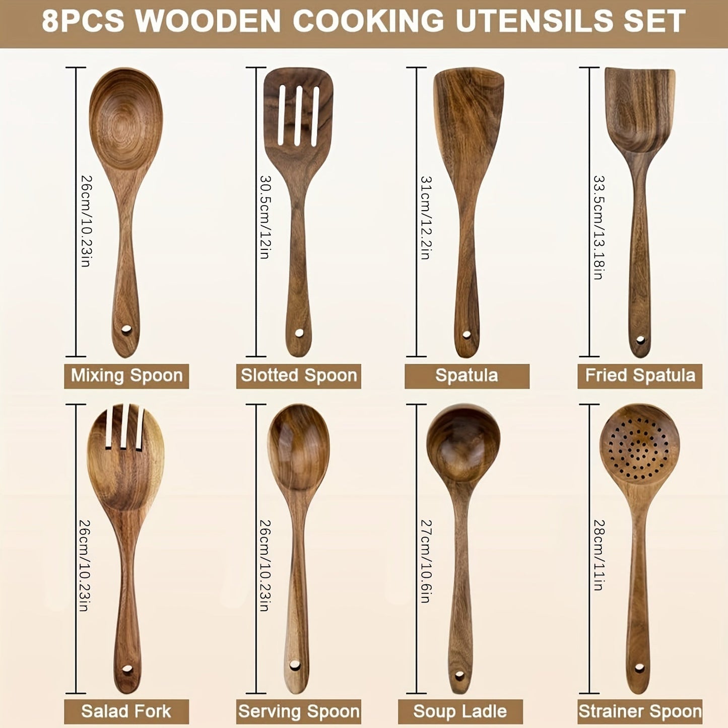 Set of 8 Acacia Wooden Kitchen Utensils, Non-Stick Cookware Tools, Durable Cooking Spoons and Spatulas, Multi-Purpose Kit