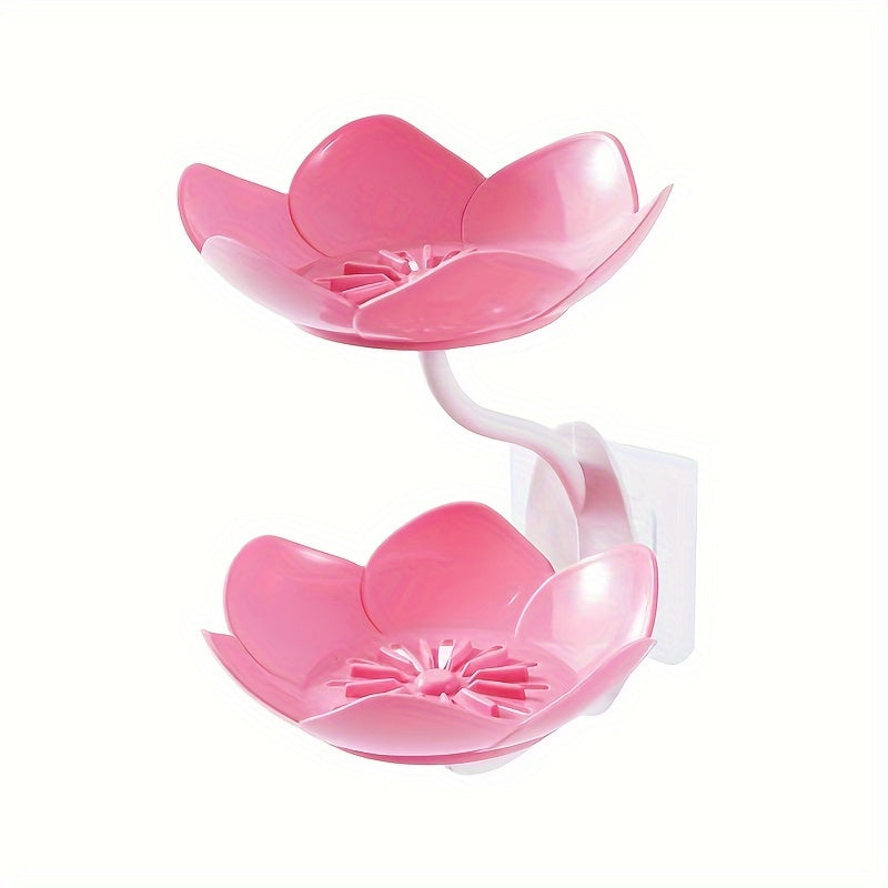 Plastic flower-shaped soap dish set with drainage holes, double-layer design, wall-mounted, 11.5cm x 4.53cm, also includes a 16cm x 6.3in soap holder for bathroom accessories.