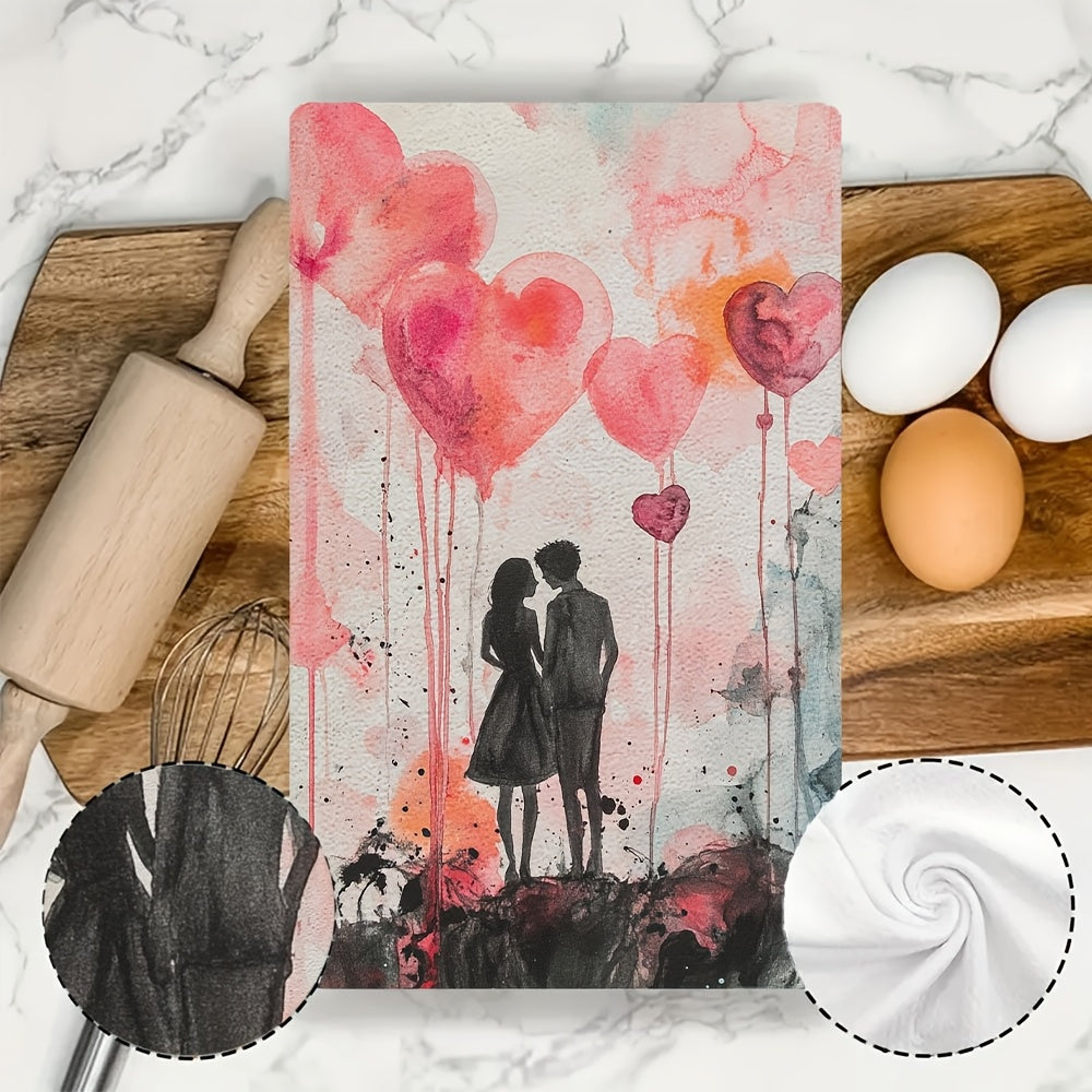 Set of 2 Romantic Balloon Illustrated Kitchen Towels - Made of Ultra Soft, Highly Absorbent Polyester, 40.64x60.96 cm, Easy to Clean in Washing Machine, Ideal for Adding a Touch of Love to Your Valentine's Day Decor, Perfect for Drying Dishes