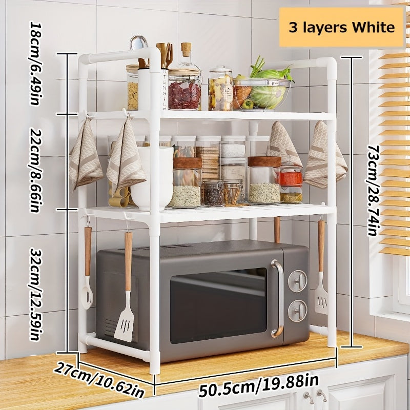 Multi-functional Kitchen Organizer with Handle & Hooks - Durable Plastic/Metal, Adjustable Shelves for Organizing Microwave, Oven & Other Items - Ideal for Countertops, Bedroom & Bathroom Storage Needs