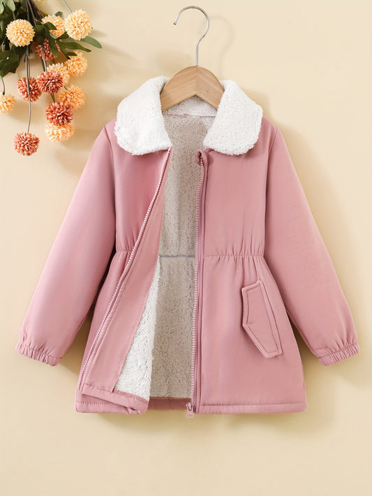 Elegant girls' coat with fleece lining, waist cinching. Machine washable polyester, perfect for fall/winter. Stylish and loose-fit for autumn/winter.