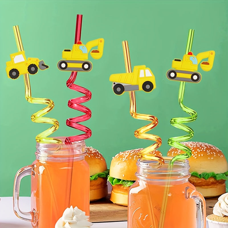 Set of 8 Construction Vehicle Themed Party Straws - Made from Sturdy Plastic, Ideal for Decorating Birthdays and Events