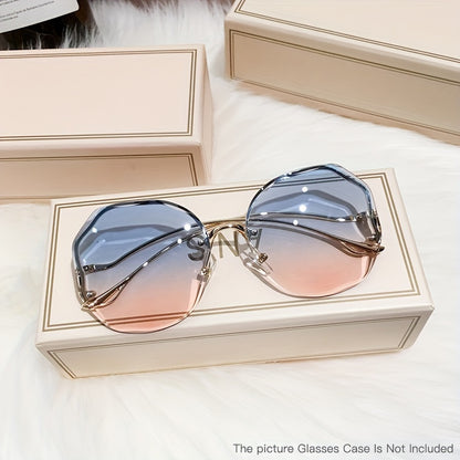 Luxury frameless round glasses for women with stylish gradient lenses and metallic finish.