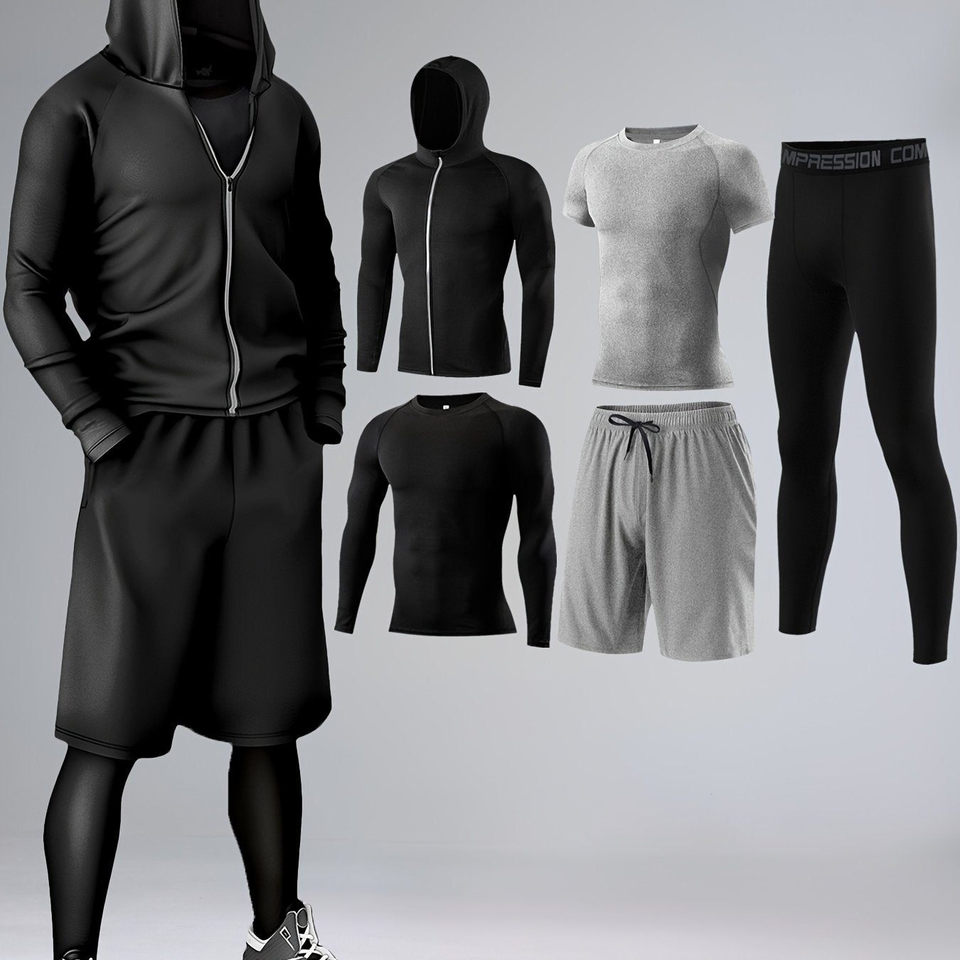 5-piece athletic sportswear set made of quick-dry knit polyester and elastane blend for all-season wear. Includes hoodie, t-shirts, shorts, and pants for various activities like running