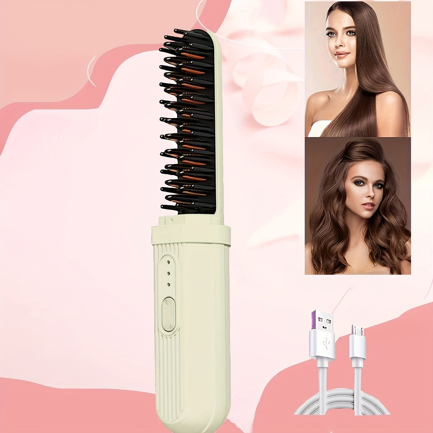 Portable hair straightener and curler with USB rechargeable thermal ion comb, anti-scalding feature, 2000mAh lithium battery, USB-C charging. Travel-friendly and perfect gift for women.