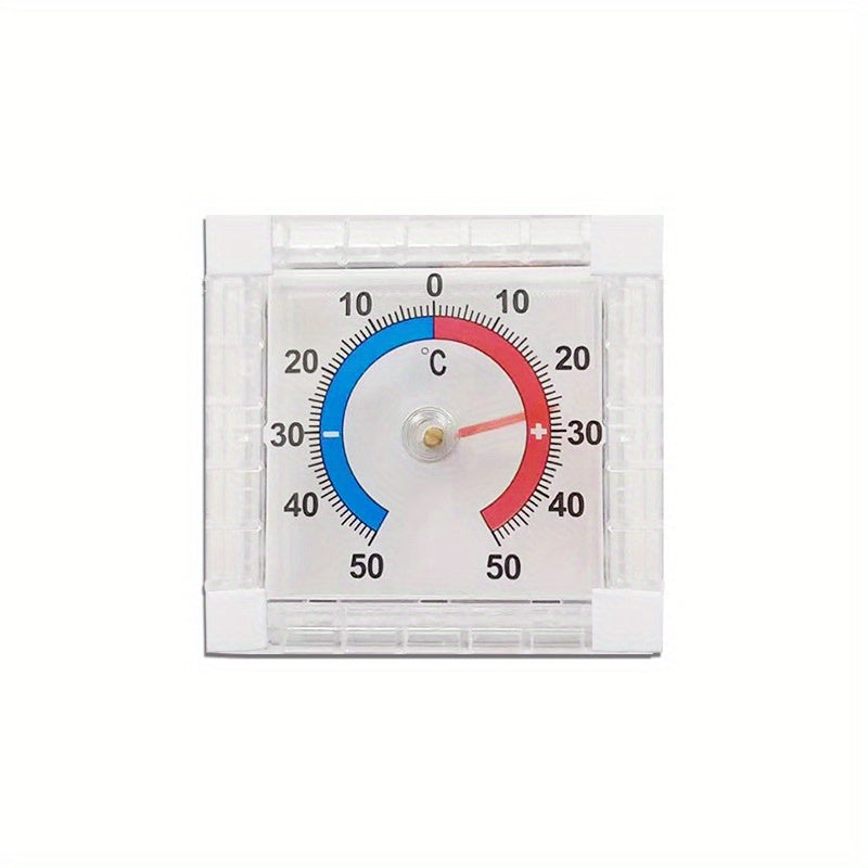 Plastic dial indoor thermometer with reusable adhesive for walls and windows accurately measures indoor and outdoor temperatures in homes, greenhouses, and gardens.