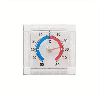 Plastic dial indoor thermometer with reusable adhesive for walls and windows accurately measures indoor and outdoor temperatures in homes, greenhouses, and gardens.