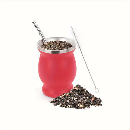 8oz stainless steel Yerba Mate cup and bombilla set, includes brush and straw. Perfect for enjoying Yerba Mate at home or on the go. Ideal birthday gift.