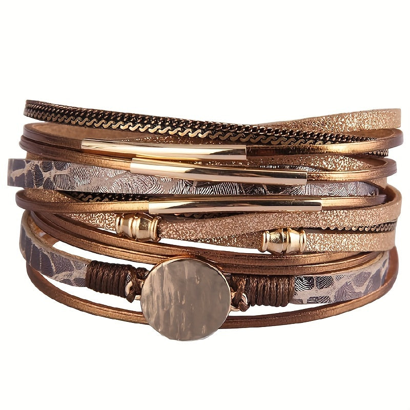 Women's Boho Chic Leather Wrap Bracelet with Multiple Synthetic Stone Layers, Gold-Tone Alloy Accents, and Magnetic Clasp - Perfect for Everyday Wear - Single Piece