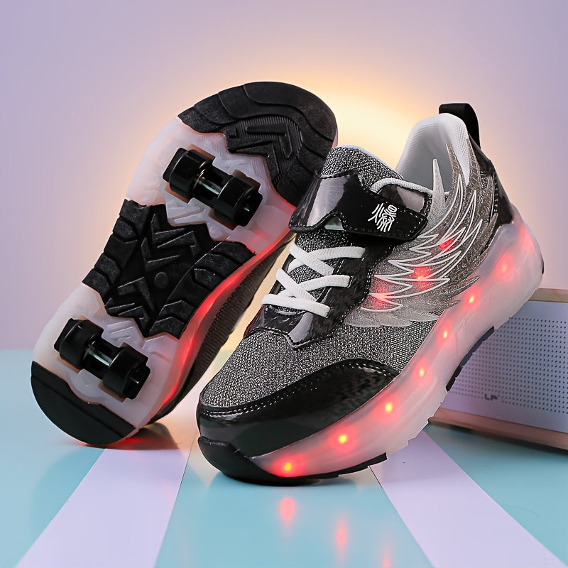 LED light-up roller skates for boys and girls, USB rechargeable with 4 wheels. Breathable and durable for indoor/outdoor use. All-season sports shoes with secure fit closure. Trendy glowing