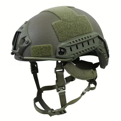 Green fiberglass tactical helmet with adjustable suspension for outdoor sports and CS paintball games.