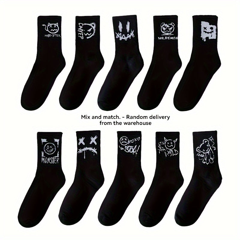 5 pairs of big size couple socks with funny faces, men's fun and cute compression socks made of polyester and spandex, machine washable, featuring geometric patterns in knitted fabric.