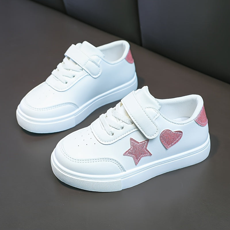 Girls' Cute Star and Heart Pattern Sports Sneakers, Low-Top Lace-Up Shoes for Outdoor Activities, Ages 14 and Under