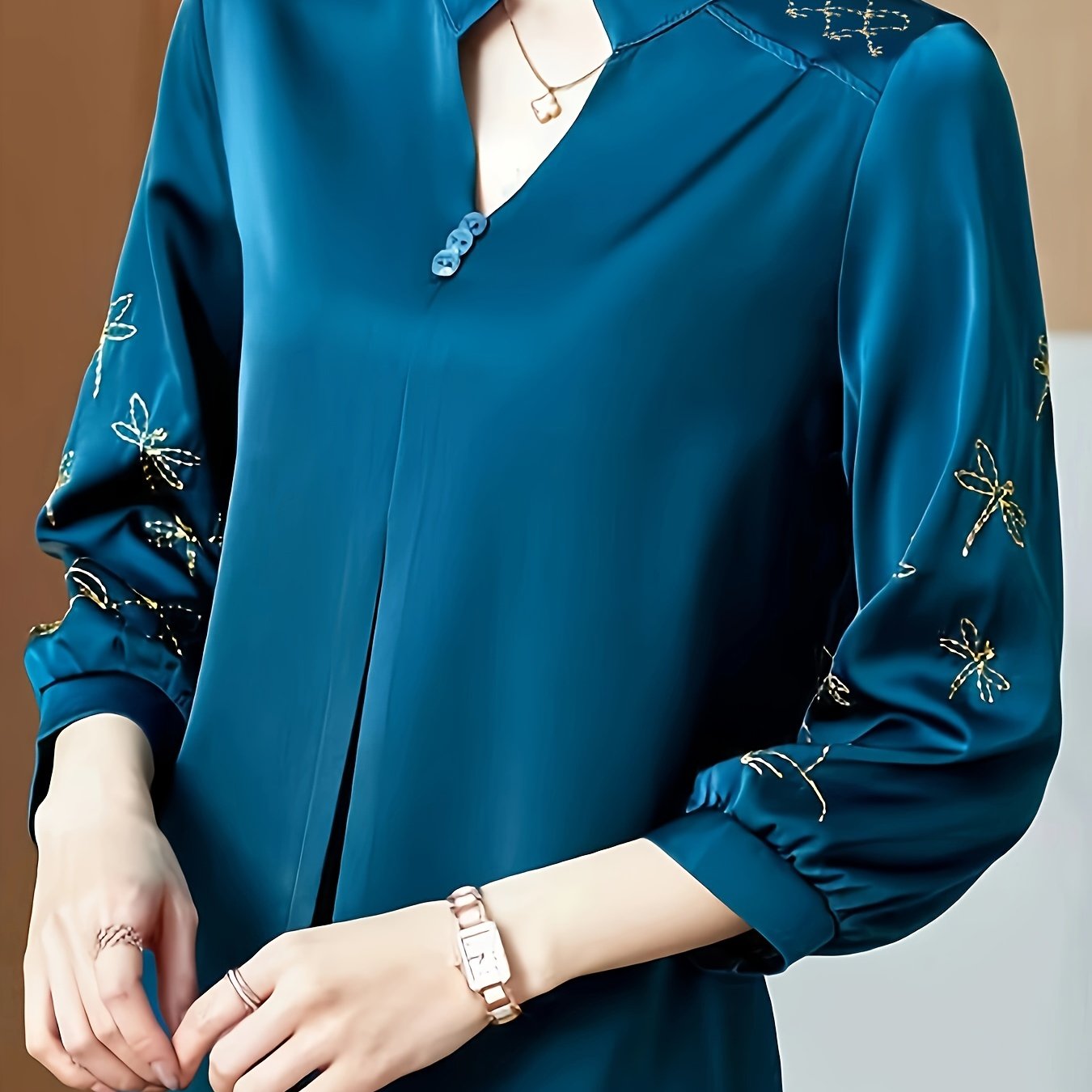 Notched Neck Blouse with 3/4 Sleeve Embroidery for Women's Spring & Fall Collection