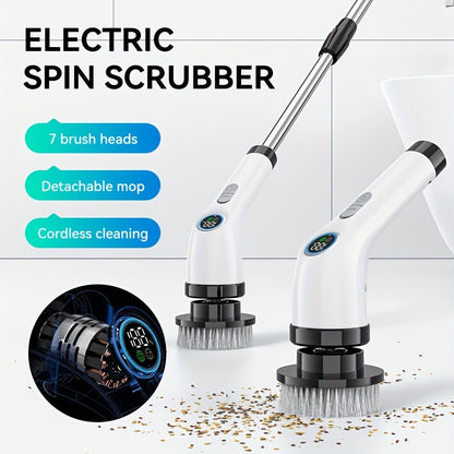 The FONSI 7-in-1 Electric Spin Scrubber features a long handle and LCD display for easy use. It includes reusable soft bristle brush heads in 7 different varieties, with 3-speed settings and USB power. Ideal for cleaning the bedroom, bathroom, toilet