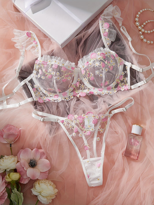 Flower design bra and thong set for women - sexy lingerie and underwear