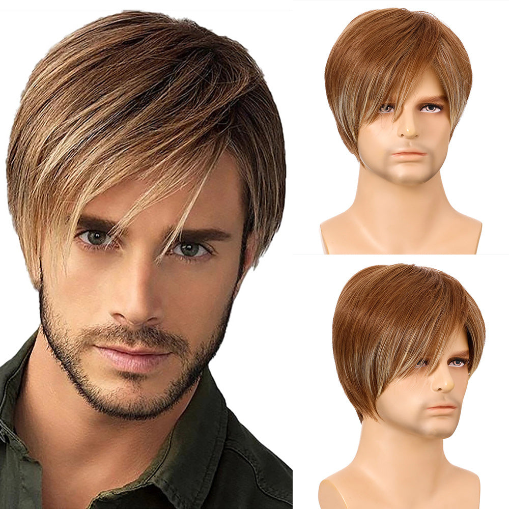 Fashionable men's wig with short curly hair and natural oblique bangs.