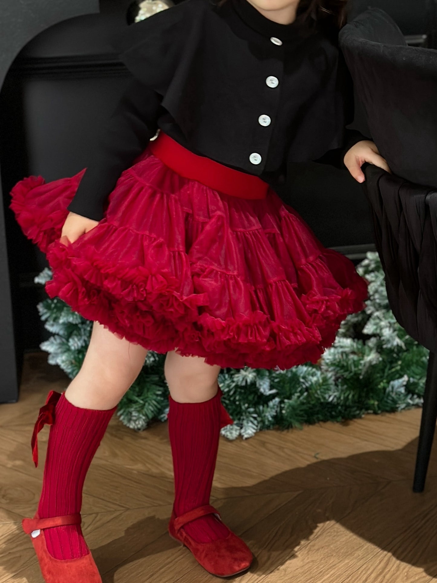 Girls' Princess Skirt in charming wine red baroque style, with tulle overlay, 100% polyester, perfect for all seasons.