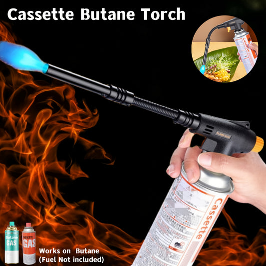 Portable 1 Butane Torch with Extended Hose for outdoor use, featuring a 360° rotatable cassette torch that reaches temperatures up to 1500℃, suitable for charcoal, cooking, barbecue, and