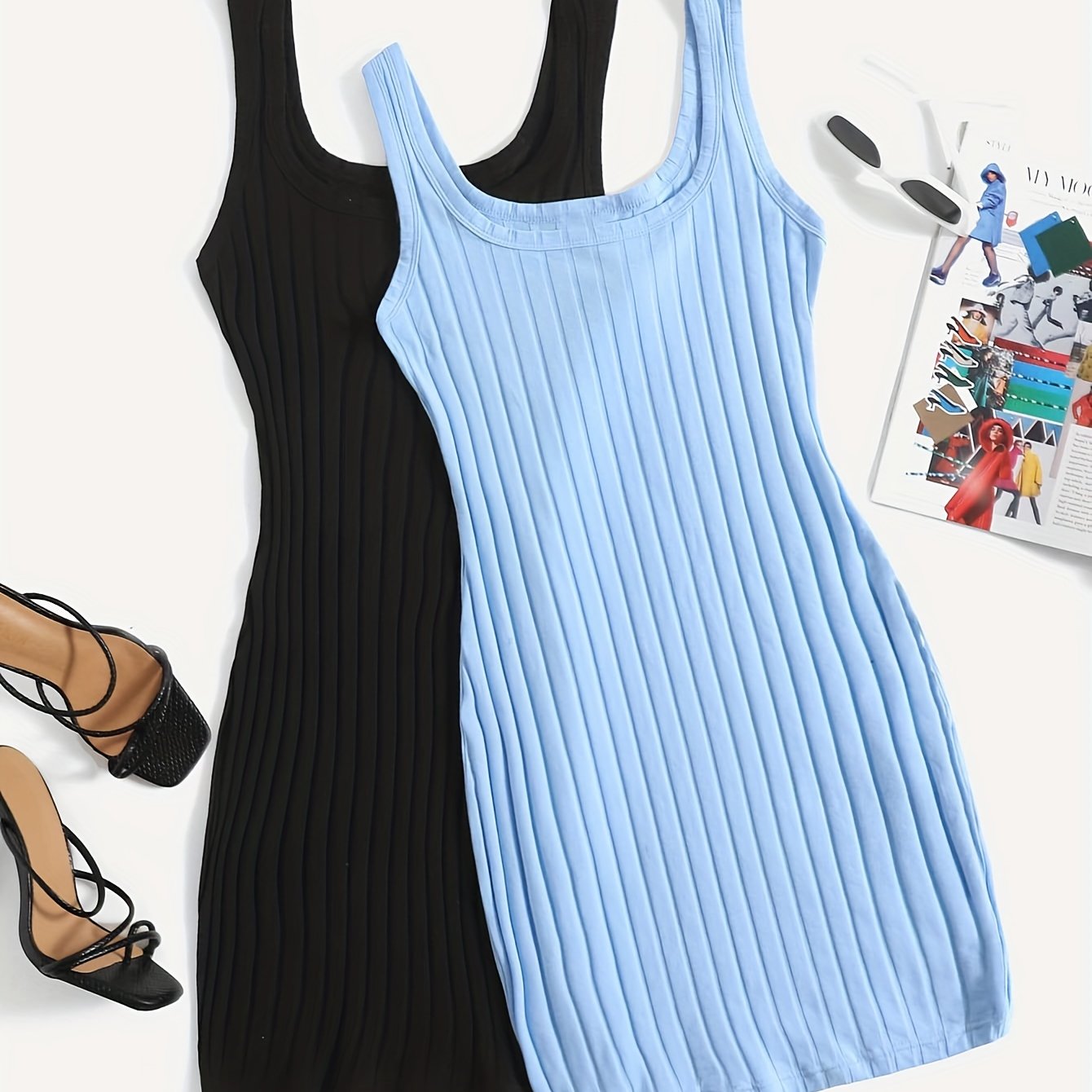 Women's Two-Pack Ribbed Tank Sleep Dresses in Black & Light Blue, Stretchy Polyester Blend, Square Neck, Machine Washable Lounge Nightgowns, Versatile Nightwear Essential.