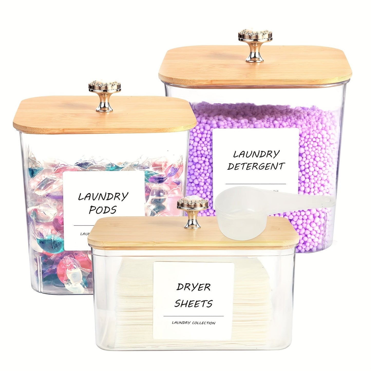 Set of 3 Plastic Storage Containers for Laundry, Clear Jars with Lids for Laundry Pods & Dryer Sheets, Includes Scoops & Labels, No Power Required, Ideal for Detergent, Powder, Dryer Balls, Beads, Laundry Organization