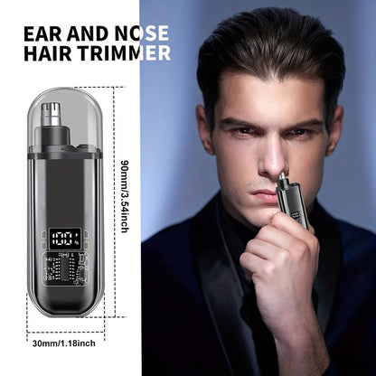 Men's USB rechargeable nose and ear hair trimmer with mini compact design. Fast charging via computer and car USB interface. Suitable for ages 14+. Made of plastic.