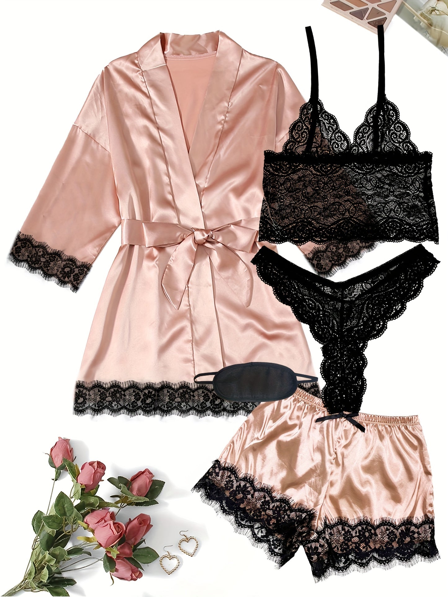 Satin lounge set with lace, robe, cami bra, thongs, and shorts for women.