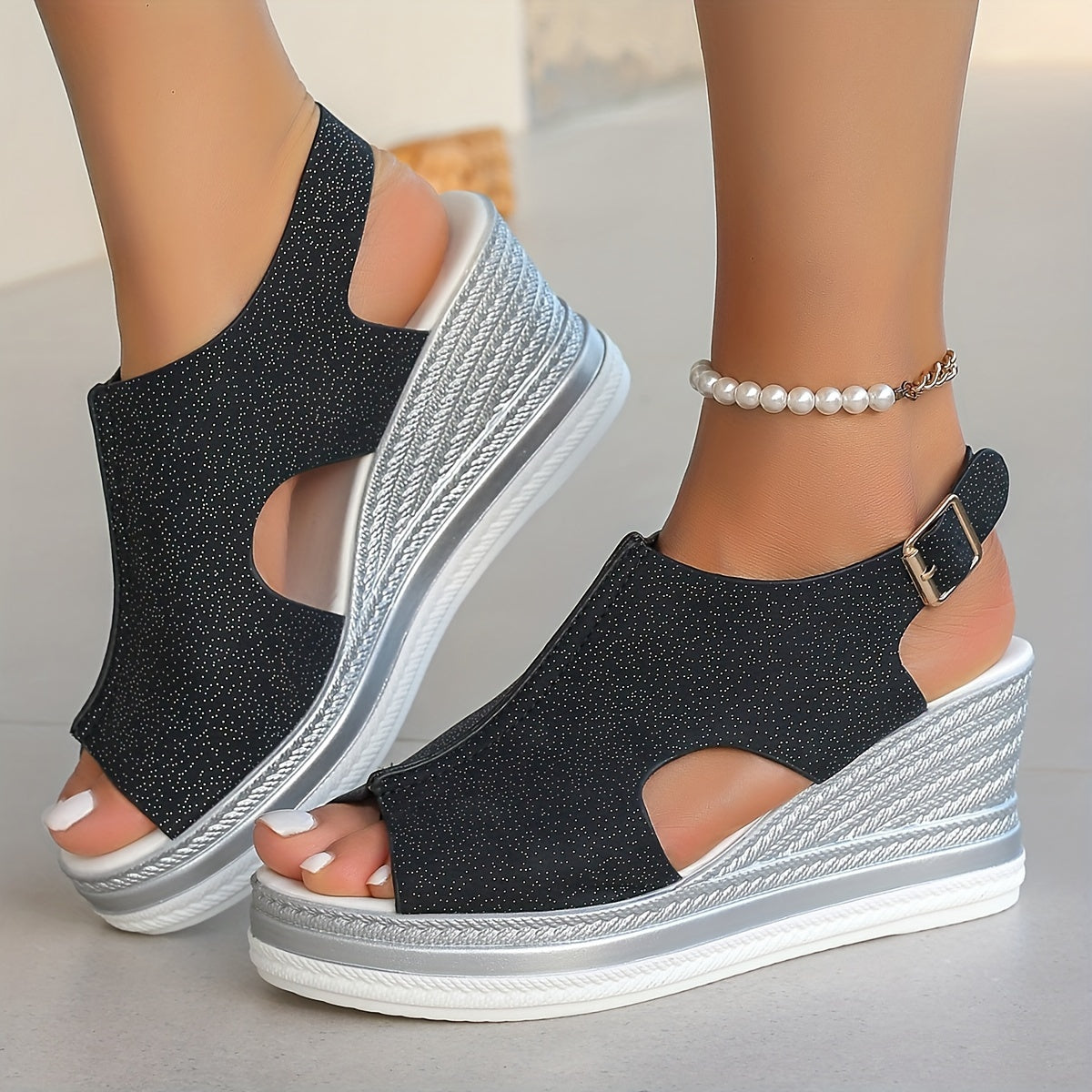 New material fish mouth sandals with thick-soled wedge heel.