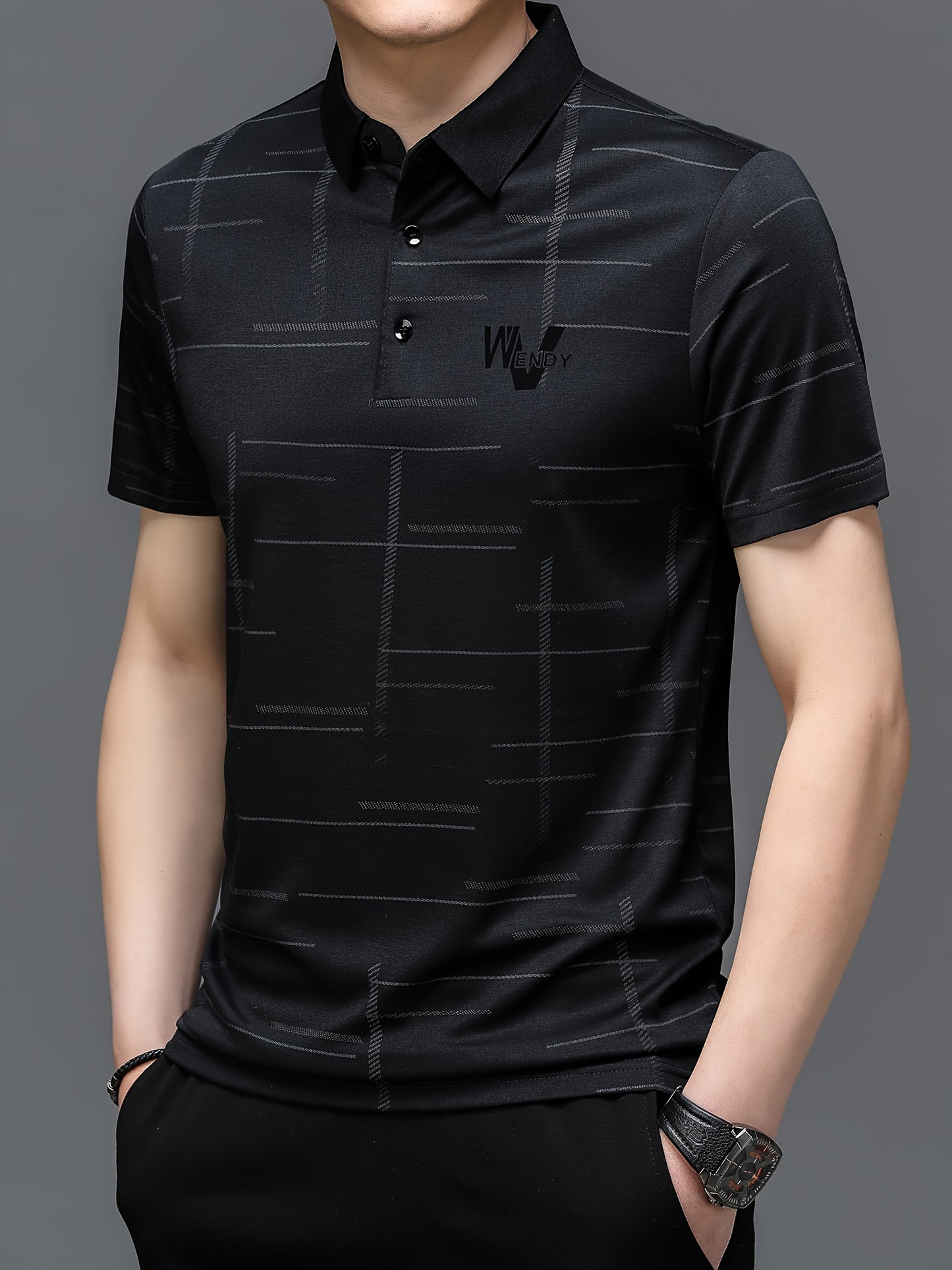 Men's sports shirt with irregular stripe pattern, alphabet print, lapel collar, short sleeves, and suitable for summer outdoor activities.