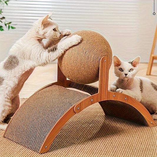 Wooden cat scratching ball with corrugated paper base - durable vertical claw grinding toy for cats.