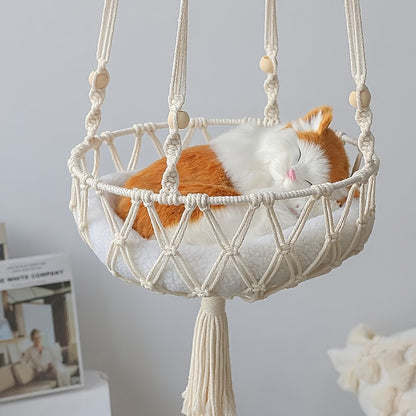 Woven rope cat hammock bed for indoor cats.