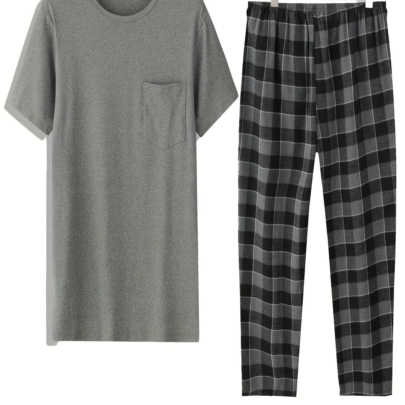 Men's Plus Size Loungewear Set - Polyester Crew Neck Short Sleeve T-Shirt with Patch Detail & Plaid Pants, Regular Fit, Four Seasons Comfort - DM2050, PLUS SIZE