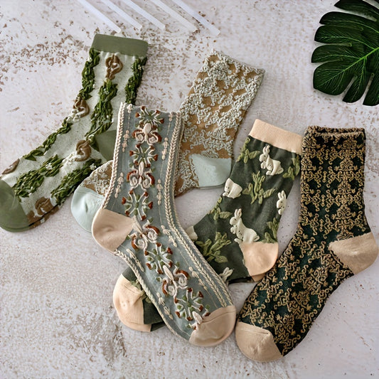 5 pairs of floral print mid tube socks for women, comfy and breathable