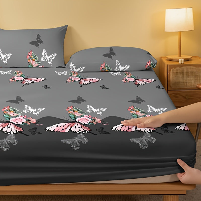 Butterfly Floral Print Brushed Fitted Sheet - Soft Comfortable Bedding Mattress Protector Without Pillowcase for Bedroom or Guest Room - Deep Pocket Fitted Bed Sheet only