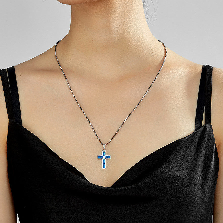 Stylish Blue Love Cross Necklace Suitable for Both Men and Women, Featuring a Glass Pendant. Ideal Gift for Romantic Partners, Friends, and Family Members